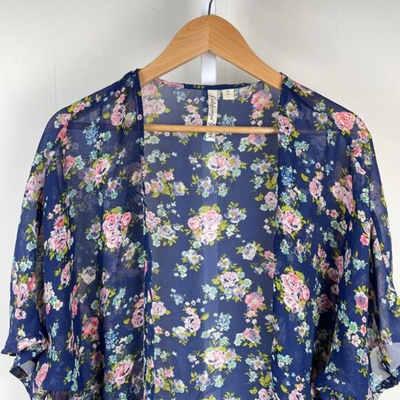 California Gypsy Blue Floral Sheer‎ Kimono Coverup Cardigan Top Womens Large - Picture 2 of 5